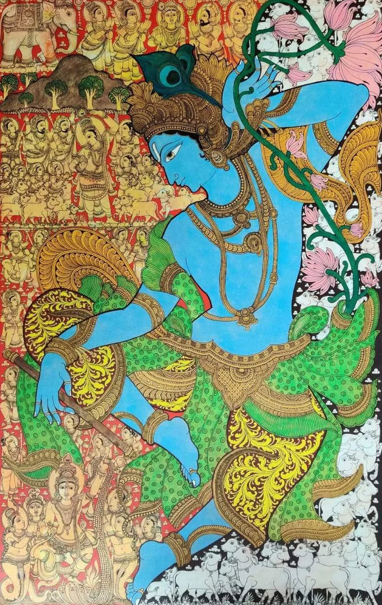 Dancing Krishna With Cows : Kalamkari painting by Harinath.N Thumbnail