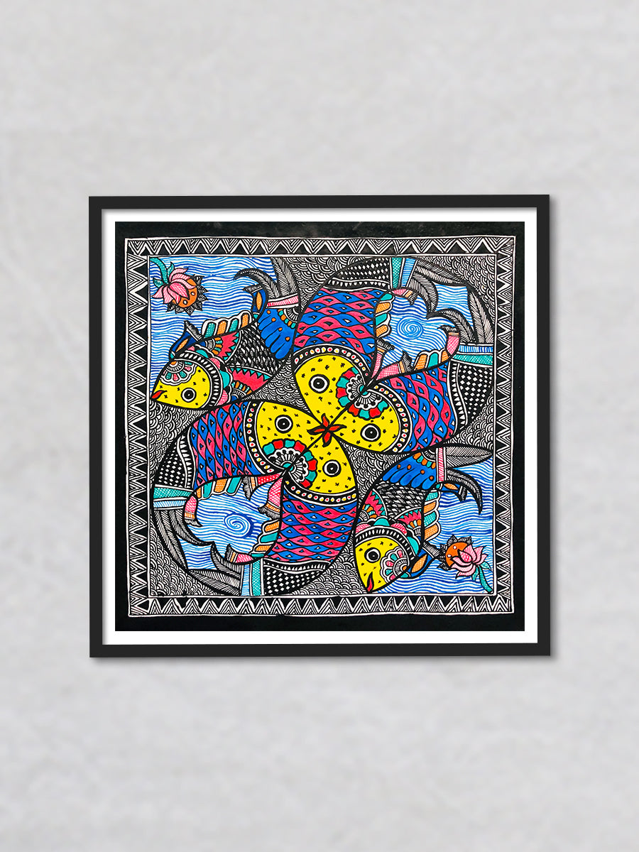 Dancing fishes - In Enchanted pond, Madhubani Painting by Ambika Devi