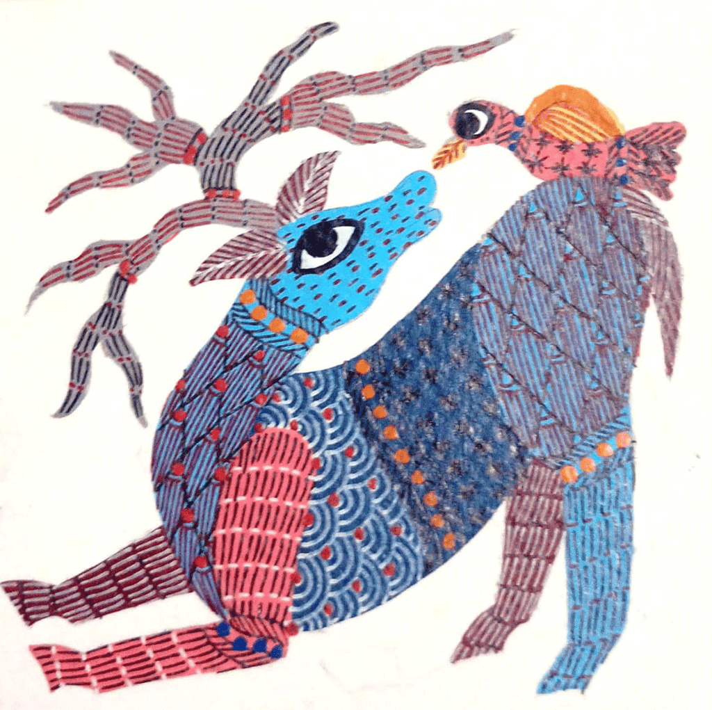 Deer and the Bird in Gond by Kailash Pradhan Thumbnail
