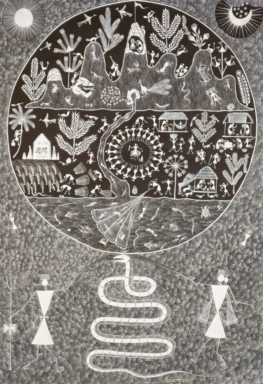Dhartari Mata, Earth Goddess: Warli Painting by Anil Wangad Thumbnail