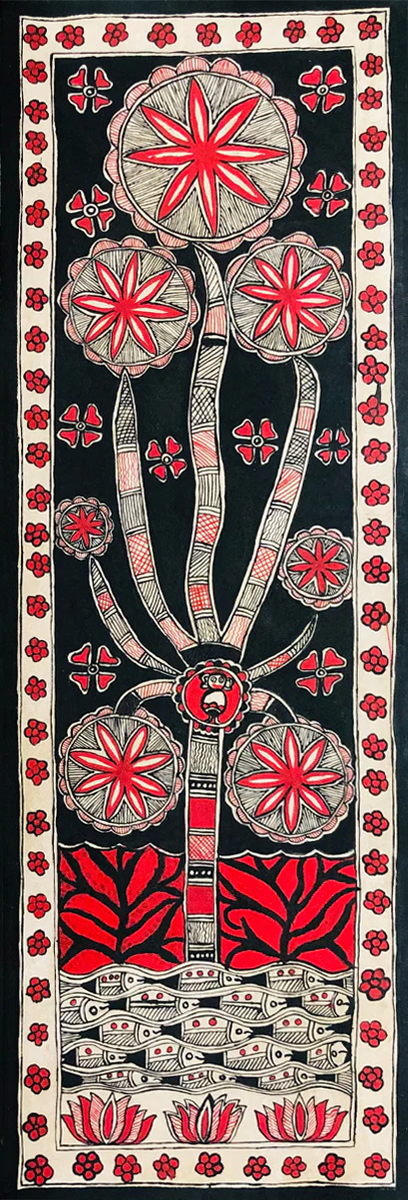 Divine Blossoms: Vibrant Madhubani Tapestry by Ambika Devi Thumbnail