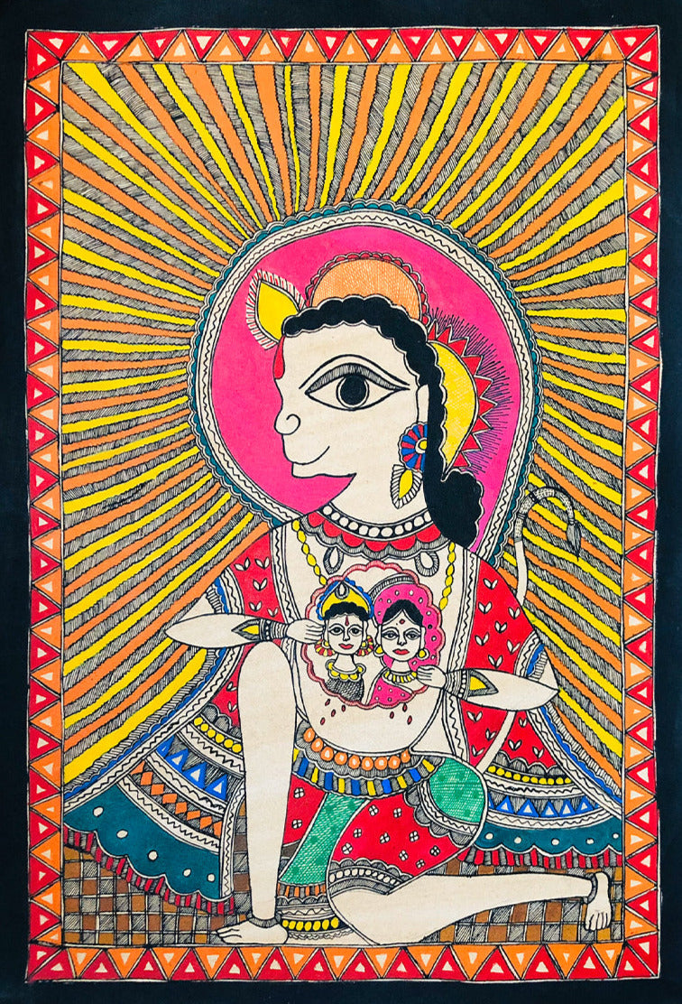 Divine Devotion Unveiled: Hanuman's Sacred Heart, Madhubani by Ambika devi Thumbnail