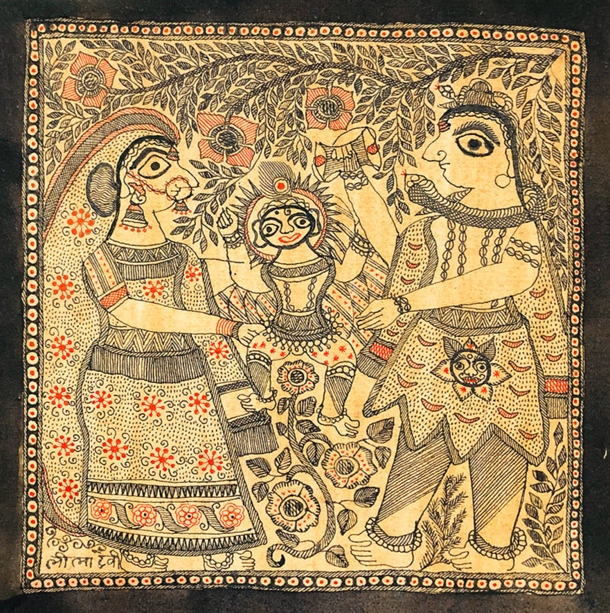 Divine Family: A Mythological Tapestry of Madhubani Art, Madhubani Painting by Ambika Devi Thumbnail
