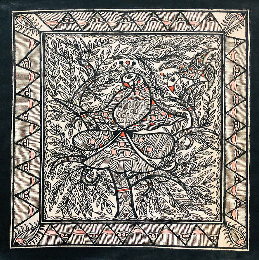 Divine Plumage - Magnificient Madhubani's Heart, Madhubani Art by Ambika Devi Thumbnail