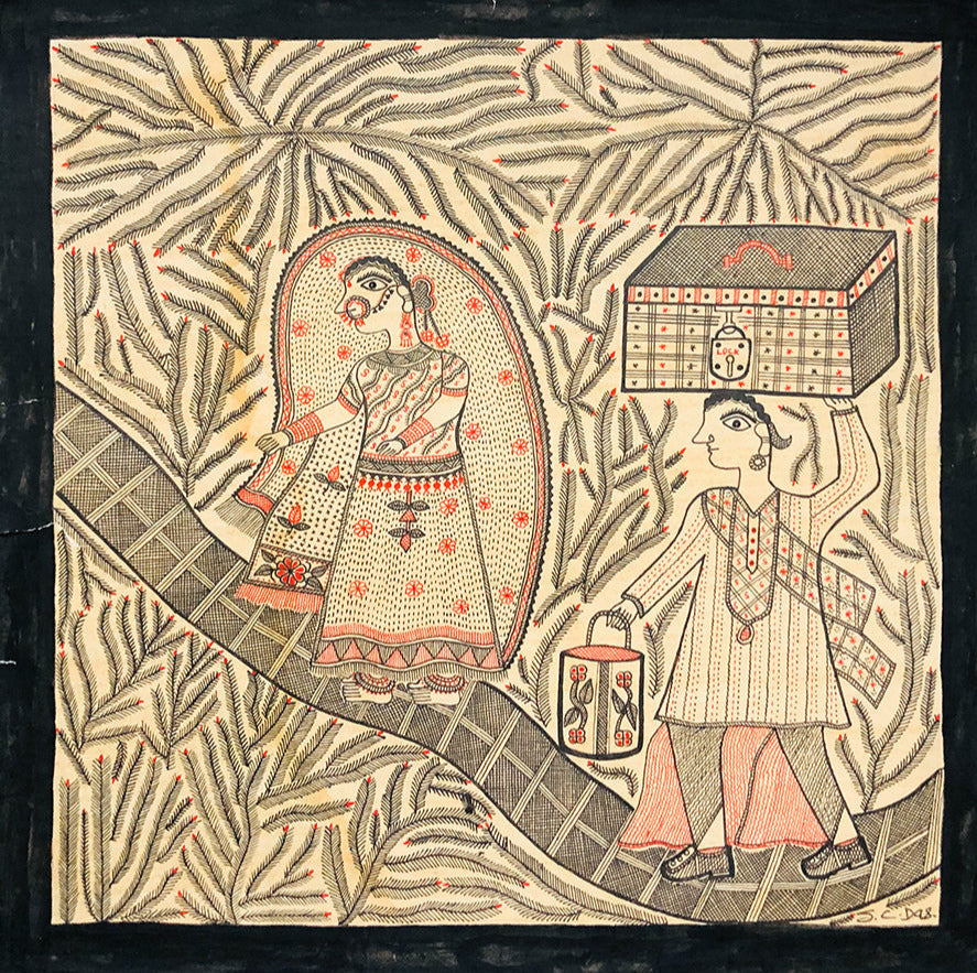 Domestic Intricacy- Travellers of Madhubani Art, Madhubani Painting by Ambika Devi Thumbnail