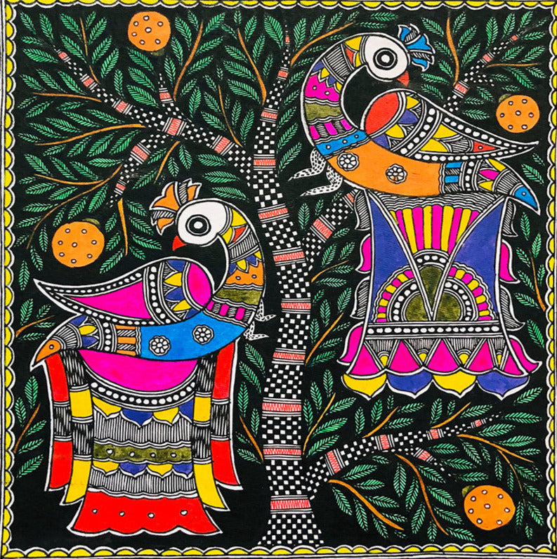 Dual Symphony - Burst of Vibrancy, Madhubani Painting by Ambika Devi Thumbnail