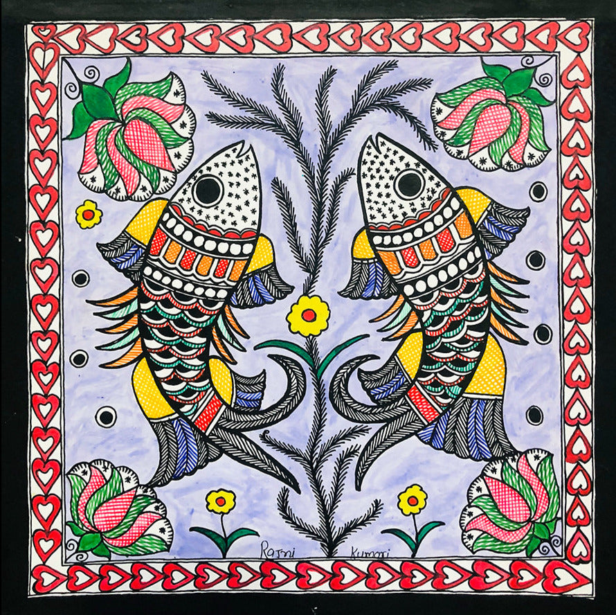 Duo of reflections - An aquatic symphony, Madhubani Painting by Ambika Devi Thumbnail