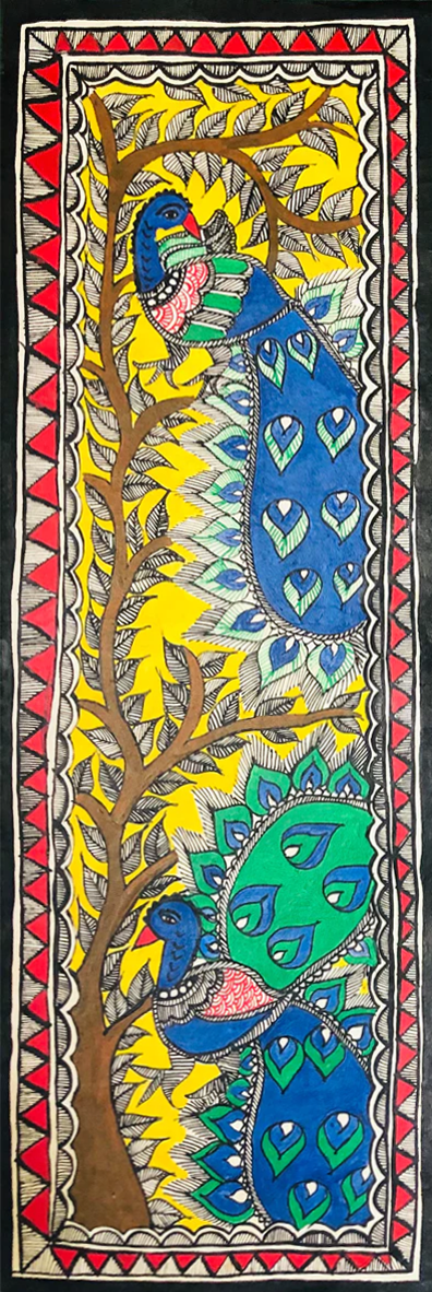 Elegance Unveiled: Twin Blue Peacocks in Nature's Embrace Madhubani art by Ambika Devi Thumbnail
