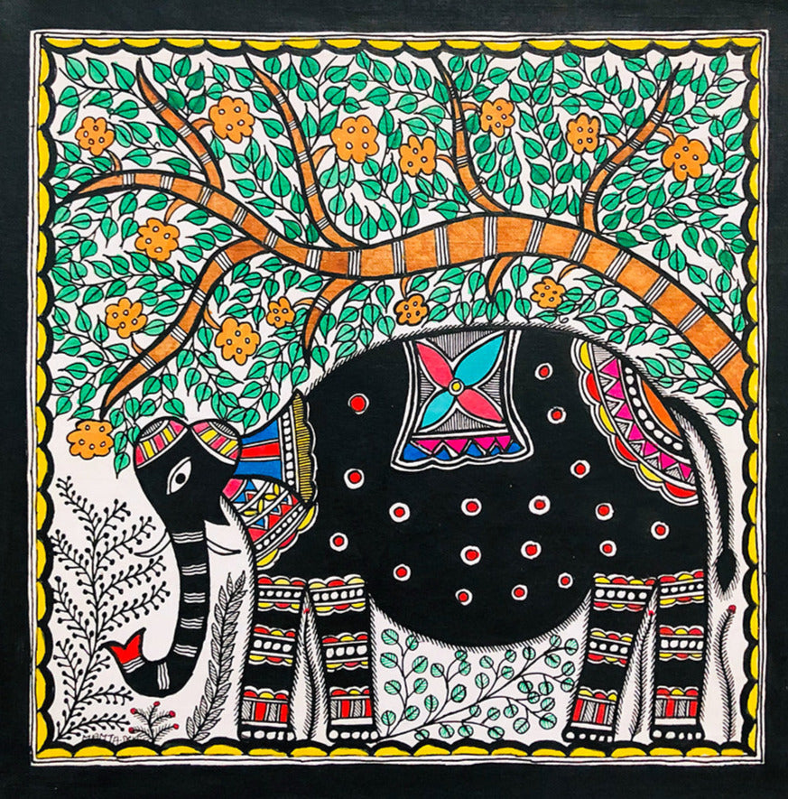 Elephant Amidst Flora: Symphony of Madhubani Art by Ambika Devi Thumbnail