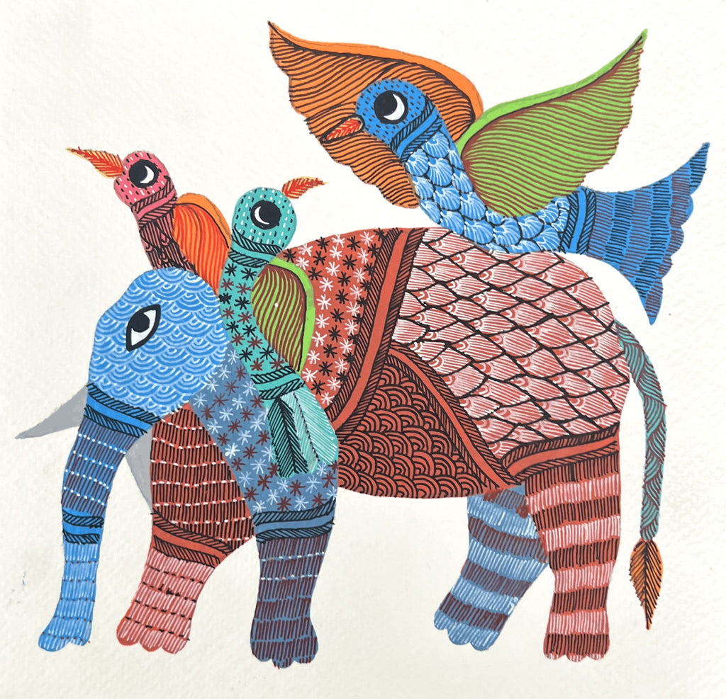 Elephant and Birds In Gond by Kailash Pradhan Thumbnail
