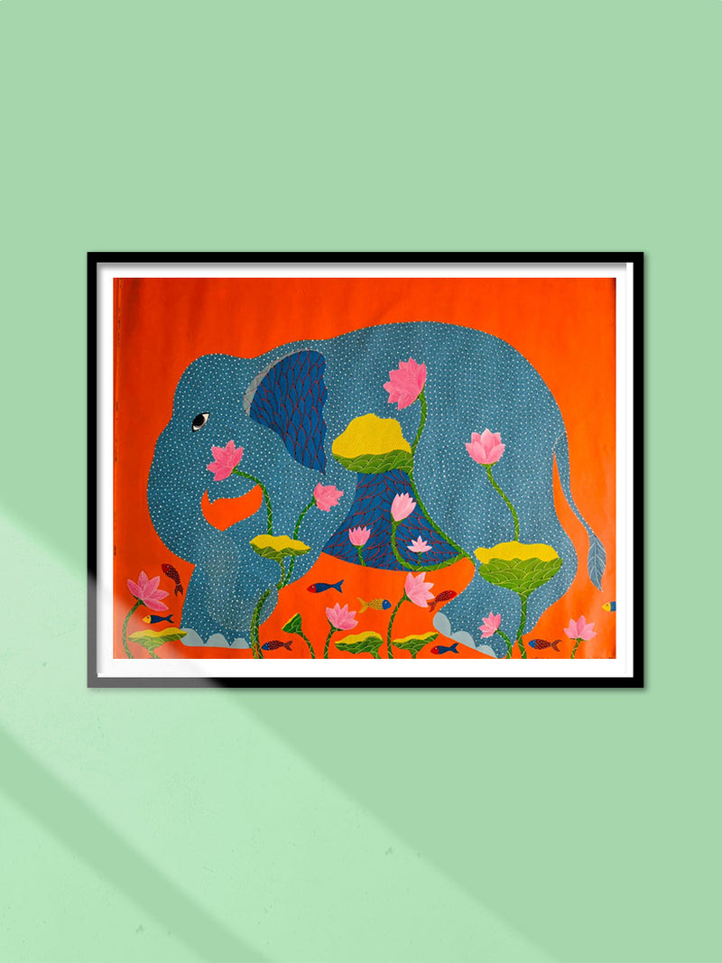 elephant ears plant and a pond painting Indian folk Art Elephant In Pond Scene