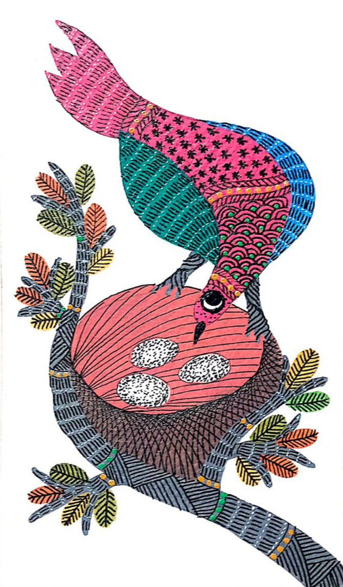 Embracing Motherhood: The Bird and its Fertile Nest Gond Painting by Kailash Pradhan Thumbnail