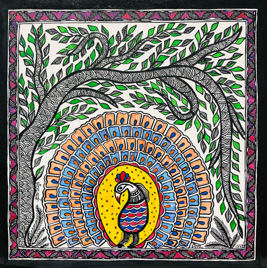 Enchanting Plumage - A tapestry of Madhubani Art, Madhubani Painting by Ambika Devi Thumbnail