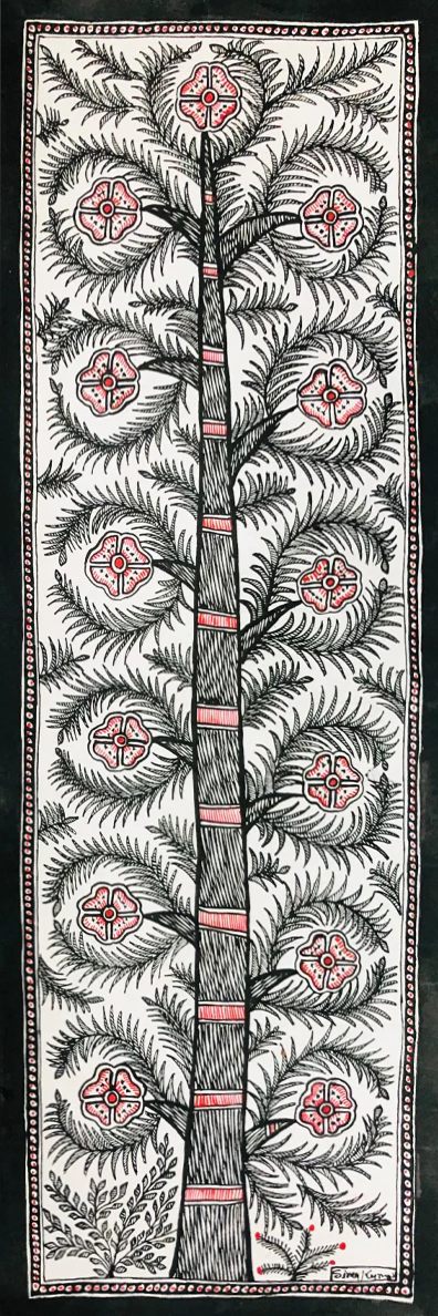 Enigmatic scenery: Blooms amidst shadows, Madhubani Painting by Ambika Devi Thumbnail