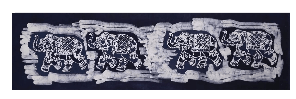 Ethereal Majesty: Prakash Yasala's Four Elephant Batik Painting Thumbnail