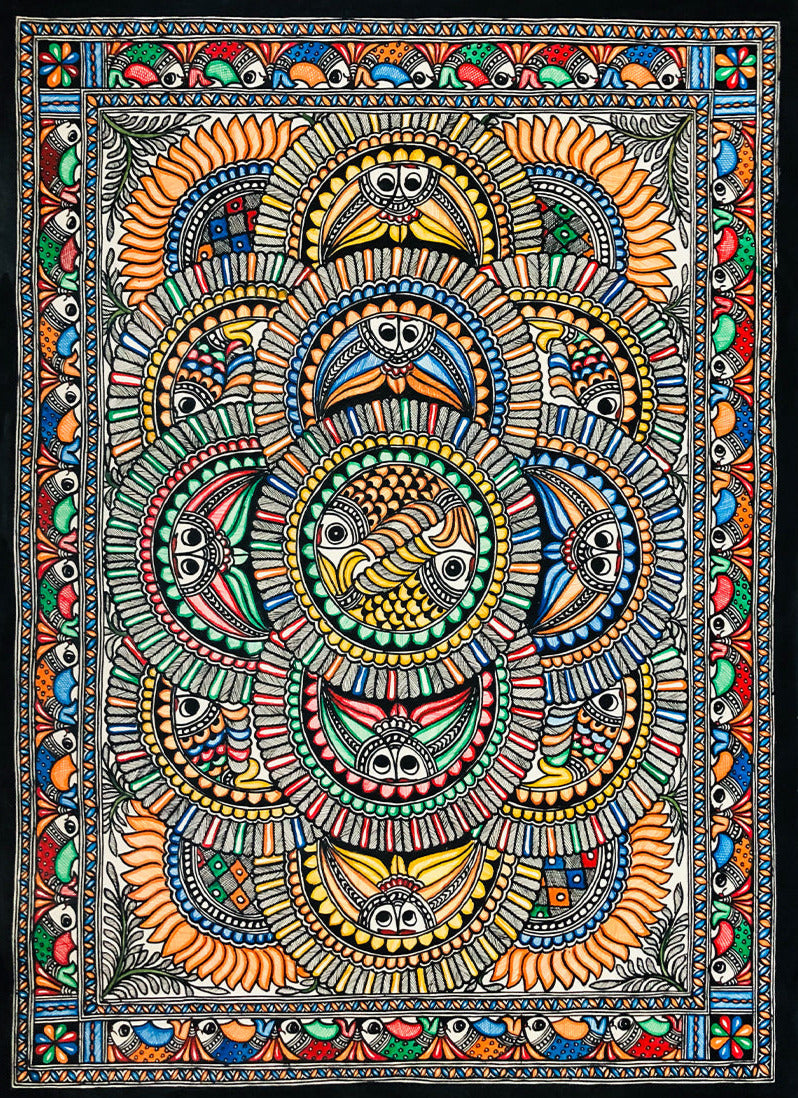 Fish in a circular floral pattern, Madhubani painting by Ambika devi Thumbnail