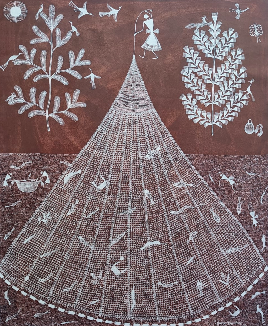 Fishing Net: Warli Painting by Anil Wangad Thumbnail