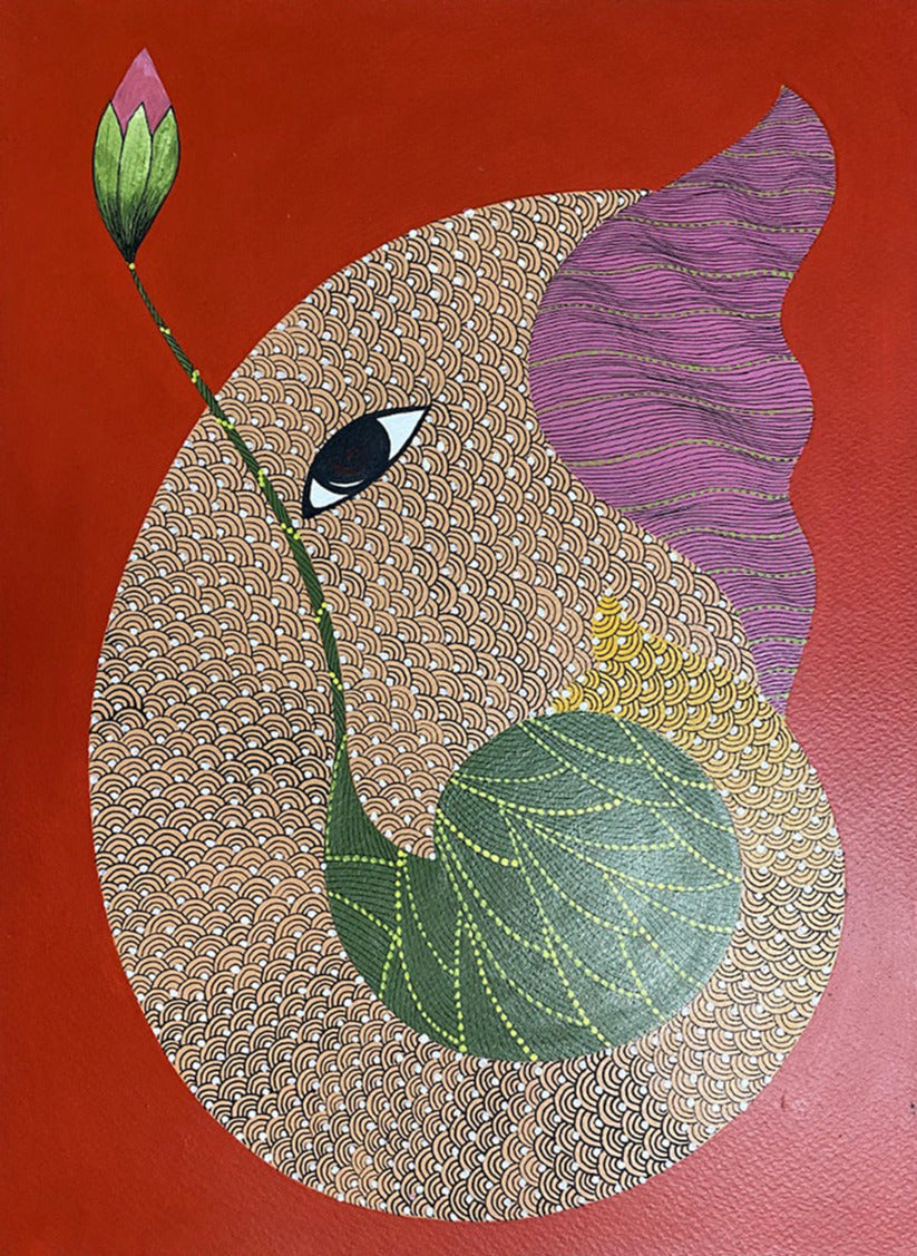 Lord Ganesha with Lotus Bud in Gond Painting by Venkat Shyam Thumbnail