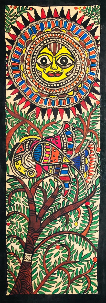 Glorious Union: Sun God's Brilliance Meets Peacock's Grace Madhubani art by Ambika Devi Thumbnail