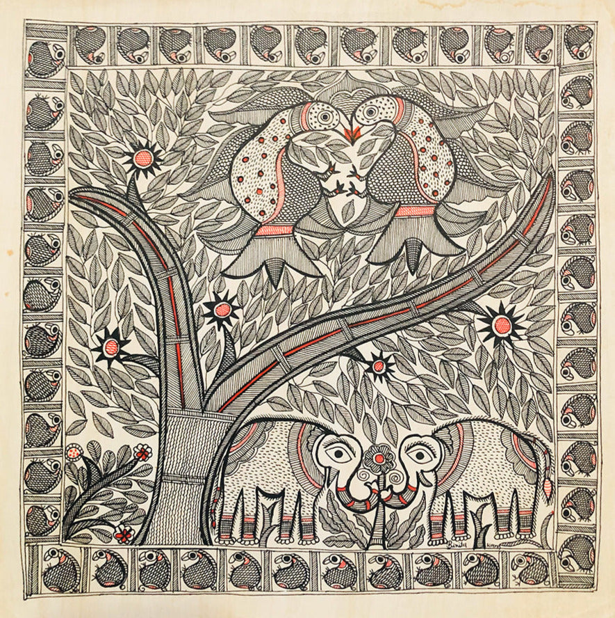 Harmony of Nature - A Madhubani love, Madhubani Painting by Ambika Devi Thumbnail