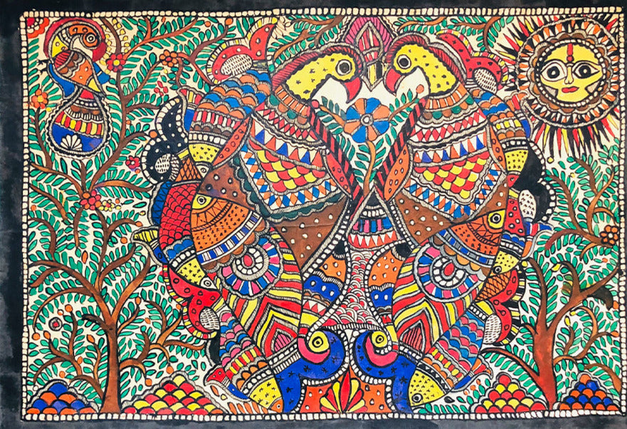 Harmony of Wings and Fins: Nature's Symbiosis, Madhubani by Ambika devi Thumbnail