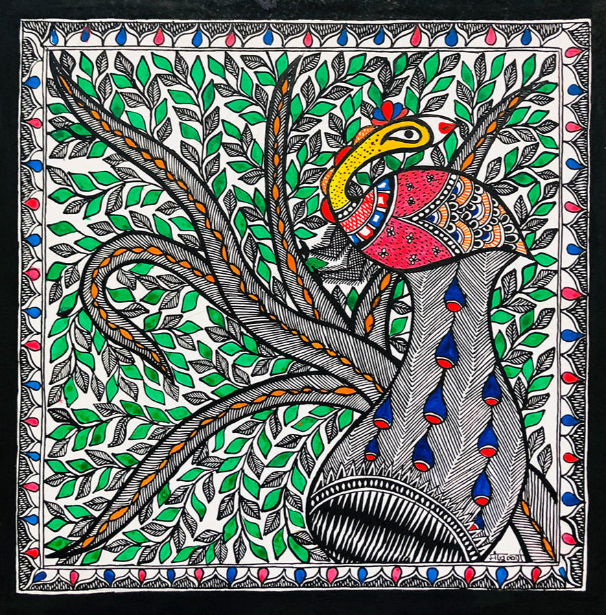 Harmony of the Forest: Regal Beauty in the Woods, Madhubani Painting by Ambika Devi Thumbnail