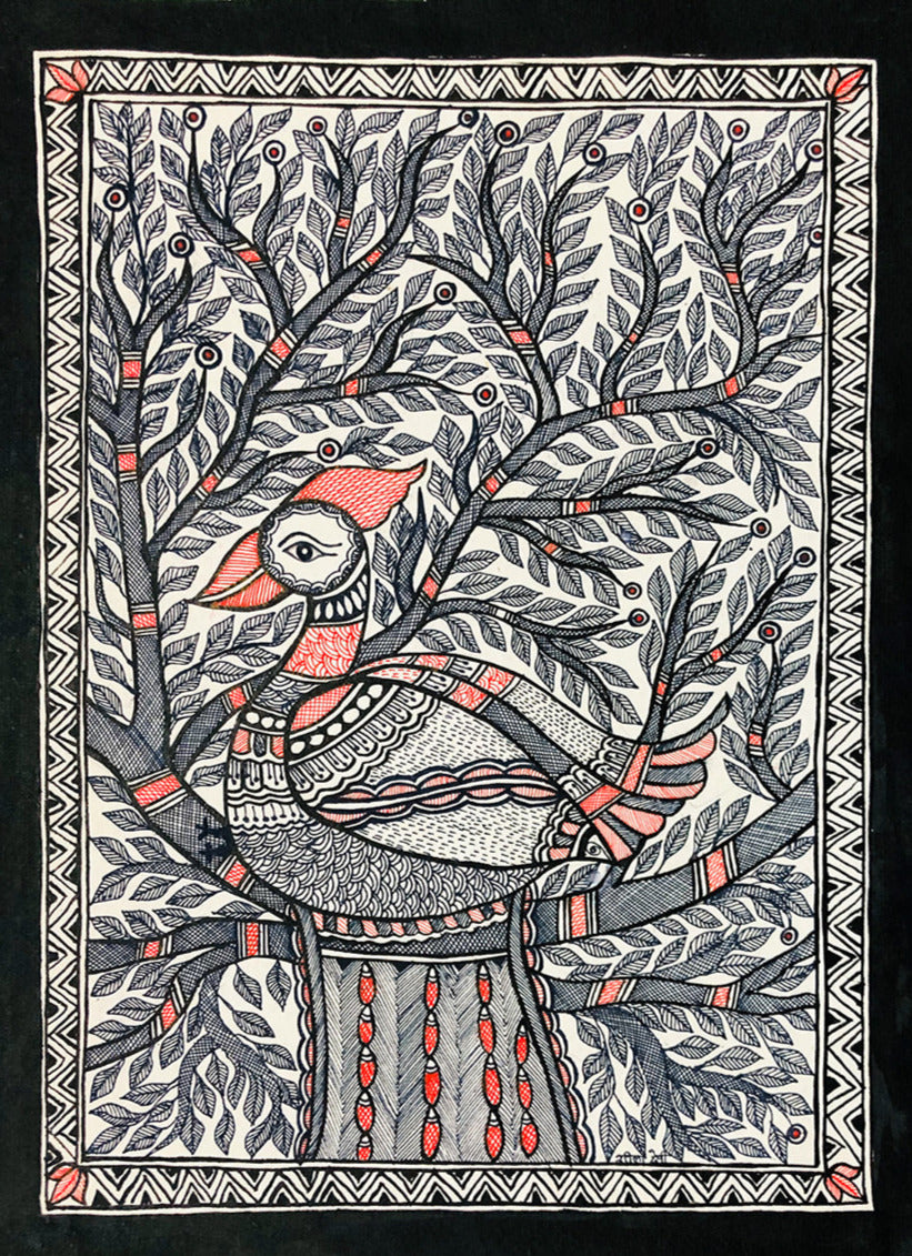 Ink and Intricacy - Monochromatic Symphony of Peacock Madhubani Art by Ambika Devi Thumbnail