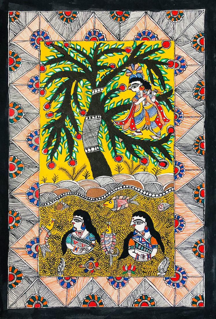 Krishna-Radha & Gopinis, Madhubani art by Ambika devi Thumbnail