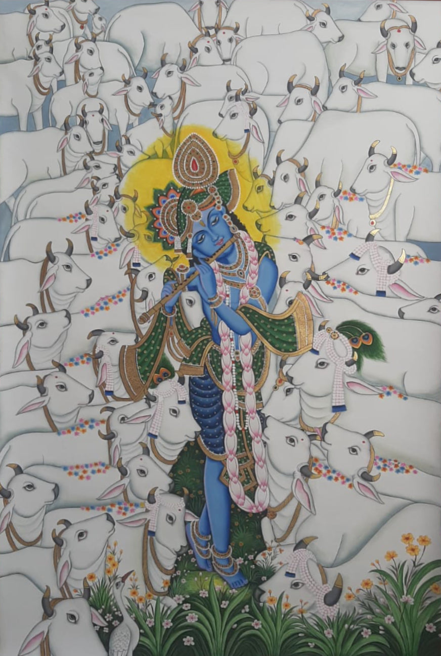 Krishna surrounded with cows in Pichwai by Shehzaad Ali Sherani Thumbnail
