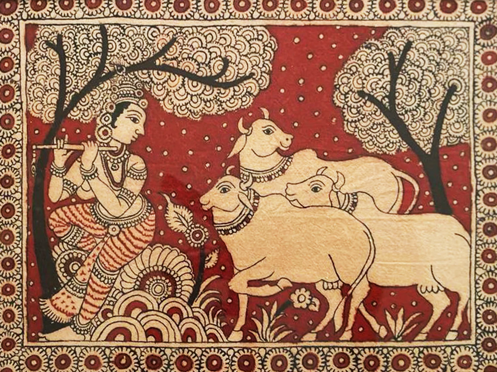 Krishna with Cows Kalamkari Painting by Siva Reddy Thumbnail