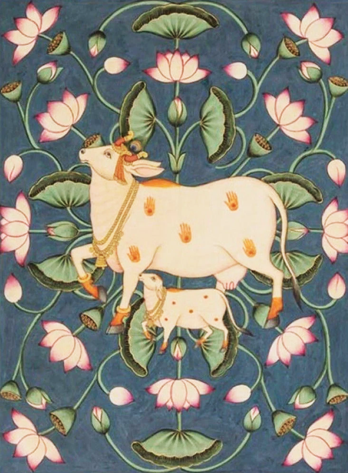 Lotus Blooms and Kamdhenu with Calf in Pichwai by Shehzaad Ali Sherani Thumbnail