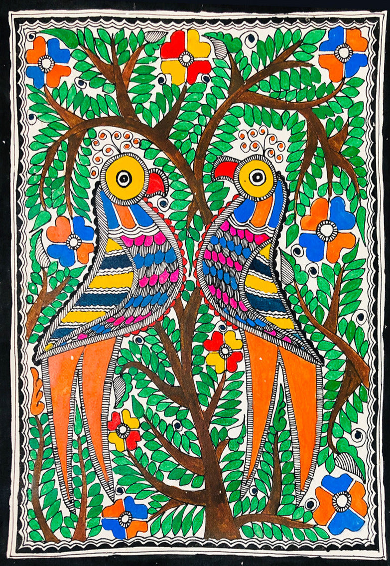 Love Birds, Madhubani Painting by Ambika Devi Thumbnail