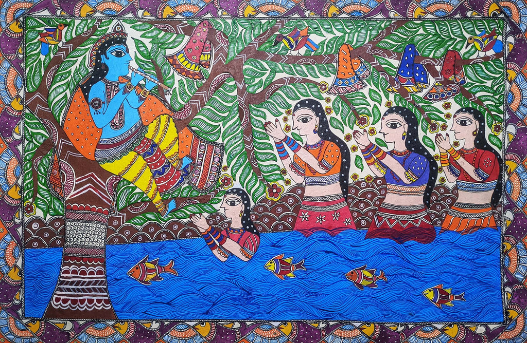 Krishna and Gopis in Madhubani by Ambika Devi Thumbnail