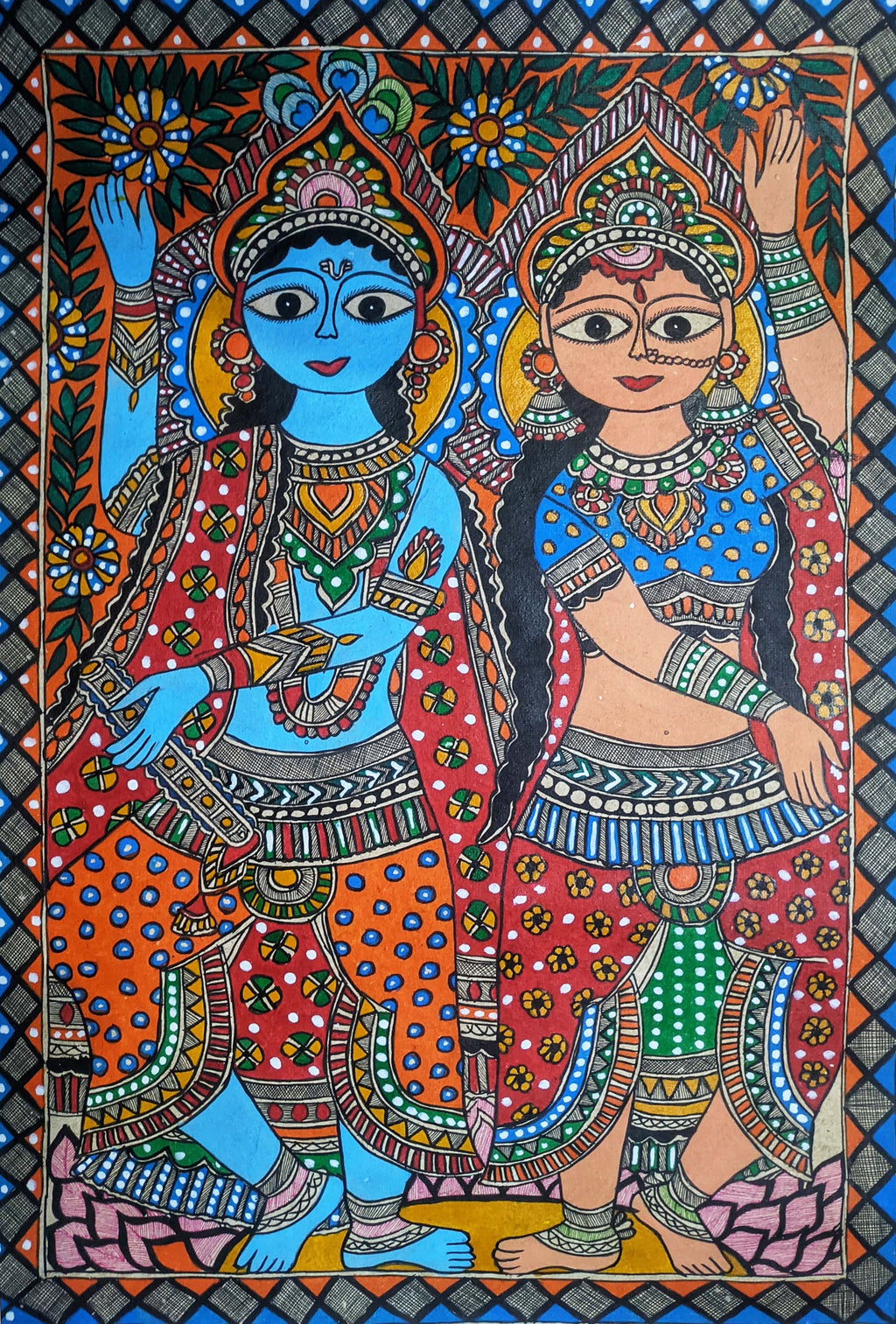 Radha and Krishna's Dance in Madhubani by Ambika Devi Thumbnail