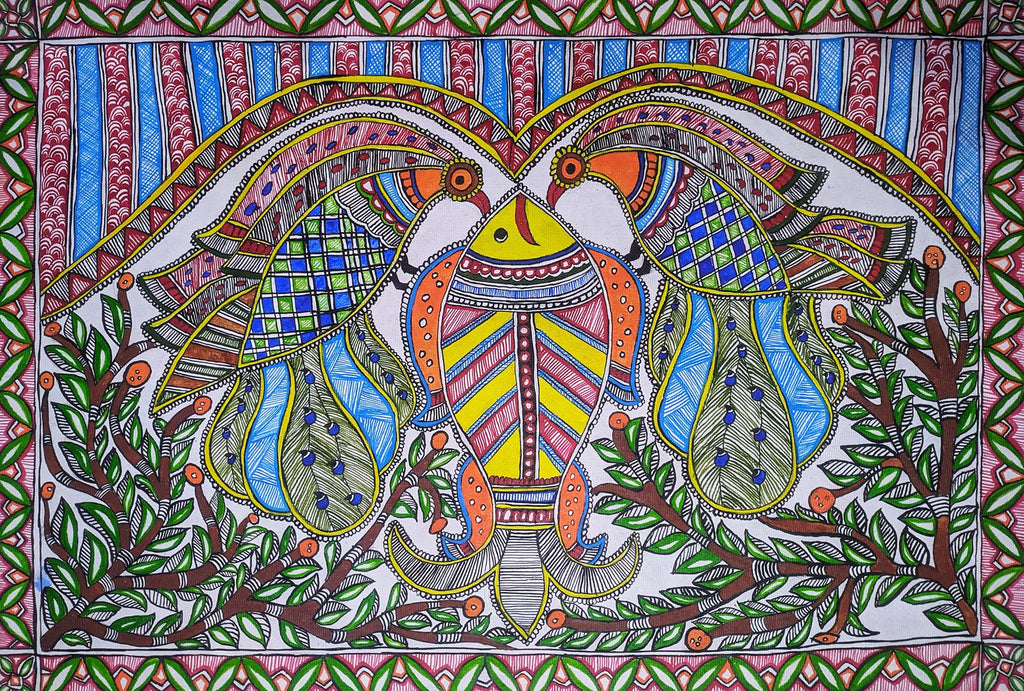Fishes and Peacocks in Madhubani by Ambika Devi Thumbnail