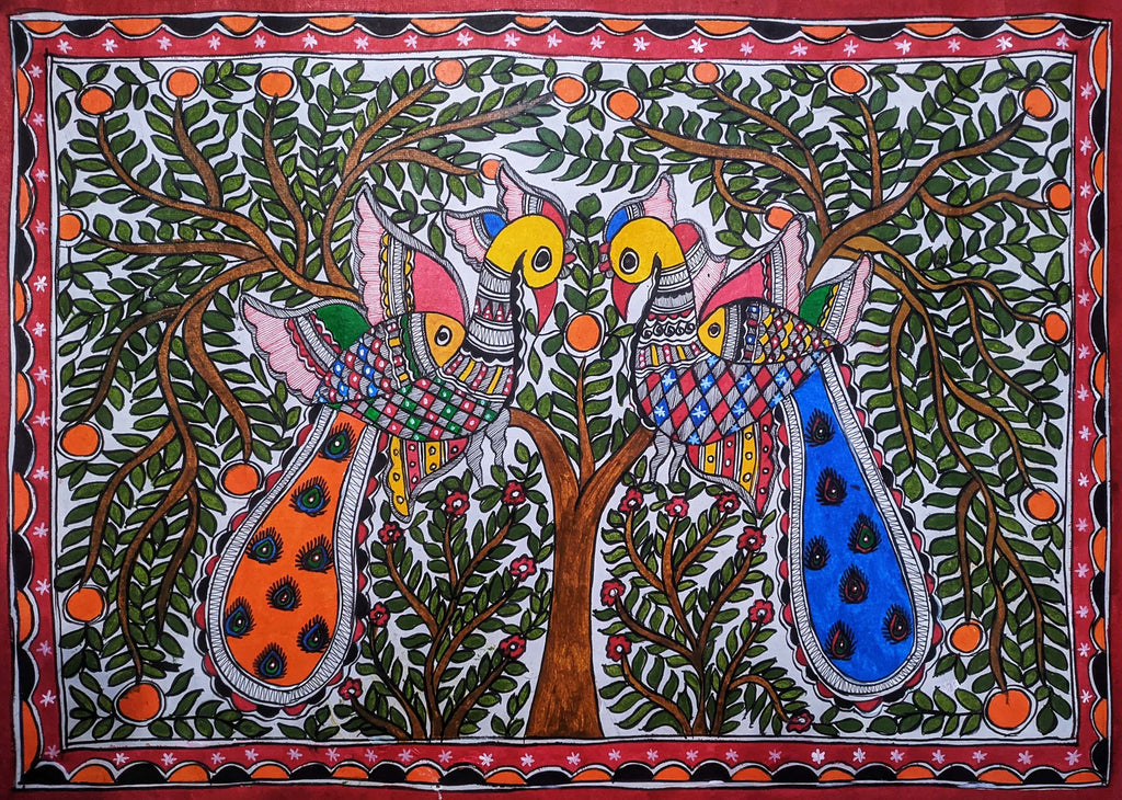 Peacocks in Madhubani by Ambika Devi Thumbnail