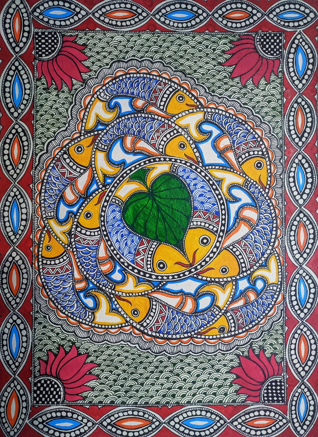 Lotus and Fish in Madhubani by Ambika Devi Thumbnail