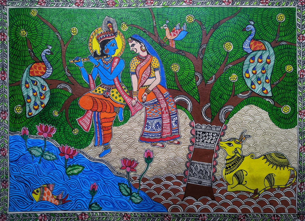 Divine Love: Radha Krishna Madhubani by Ambika Devi Thumbnail