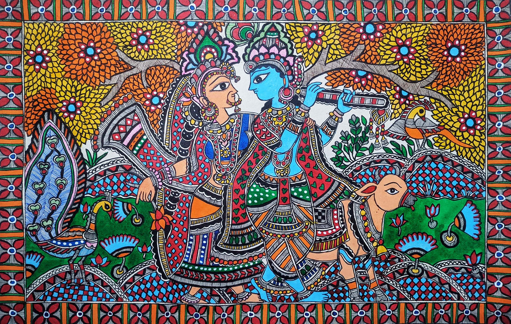 Radha Krishna in a Van: Madhubani by Ambika Devi Thumbnail