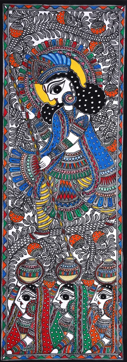 Makhan Chor Krishna in Madhubani Painting by Ambika Devi Thumbnail