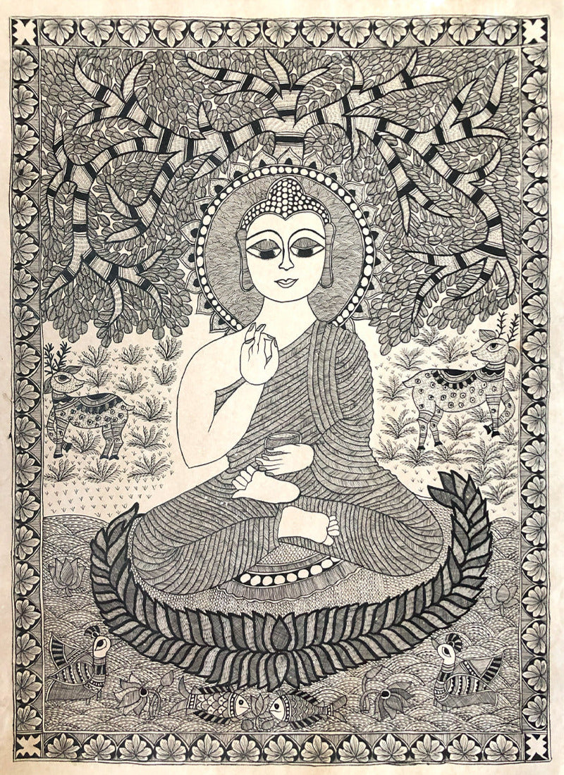 Monochromatic Buddha, Madhubani by Ambika devi Thumbnail