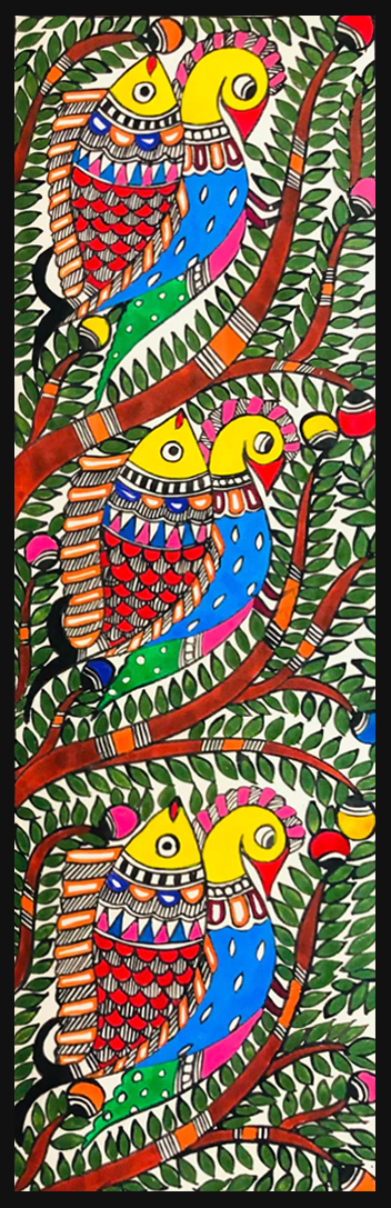 Mystical Fusion: Peacocks and Fish Dance on the Tree of Harmony, Madhubani Painting by Ambika Devi Thumbnail