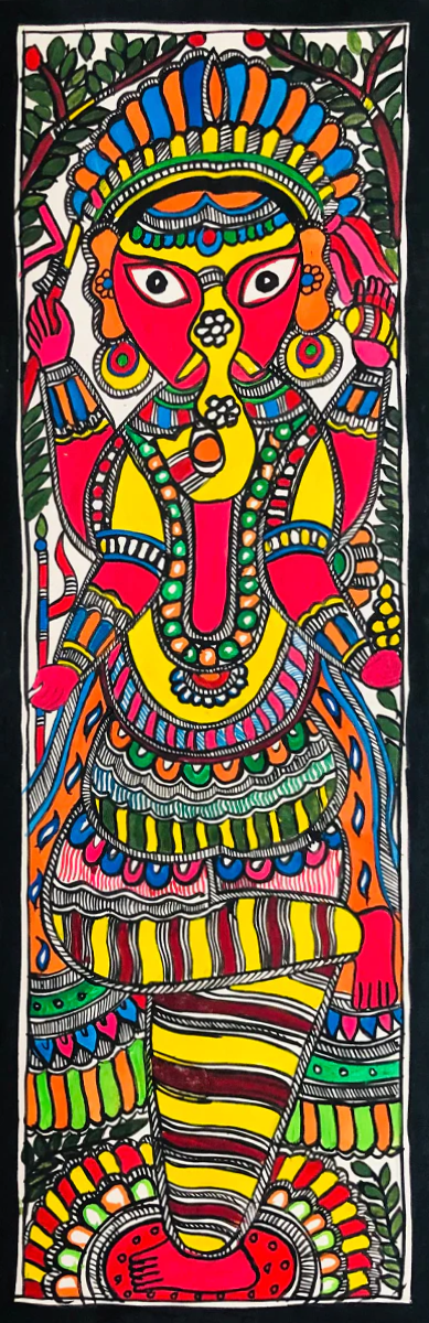 Nature's Jeweled Guardian: Lord Ganesh in a Vibrant Tapestry Madhubani Painting by Ambika Devi Thumbnail