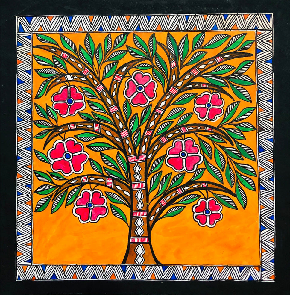 Nature's Tapestry: A Pink- Flowered Madhubani Tree, Madhubani Painting by Ambika Devi Thumbnail
