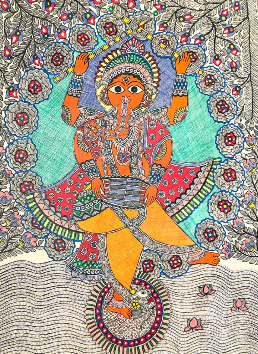 Nritya Ganesha (Dancing Ganesha), Madhubani by Ambika devi Thumbnail