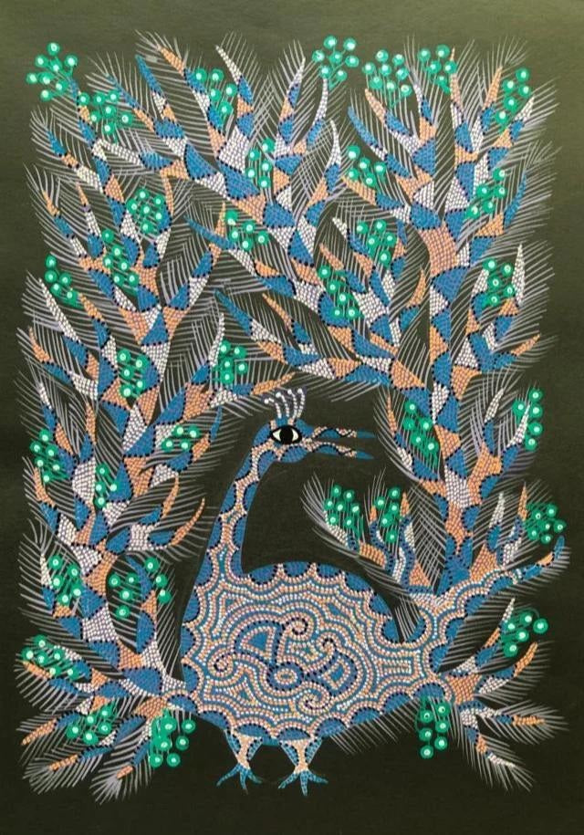 Peacock in Greens Bhil Painting by Geeta Bariya Thumbnail