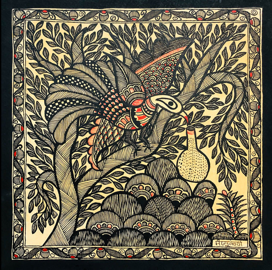 Peacock's Elixir - A Mystical Beauty, Madhubani Art by Ambika Devi Thumbnail