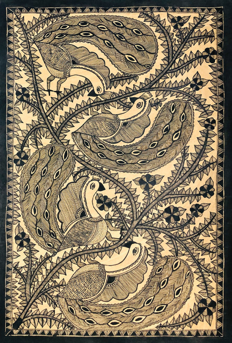 Peacocks in Monochrome, Madhubani by Ambika devi Thumbnail