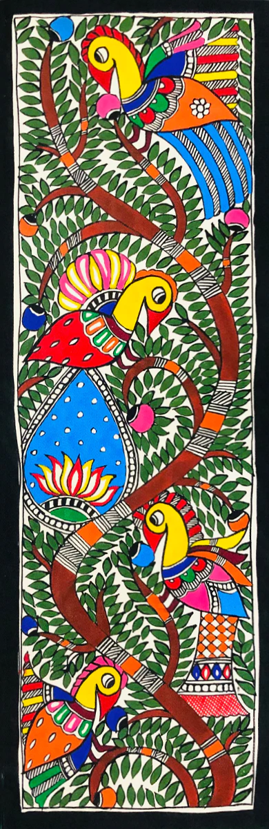 Proud Peacock Parade: Majestic Birds on the Decorated Tree Madhubani art by Ambika Devi Thumbnail