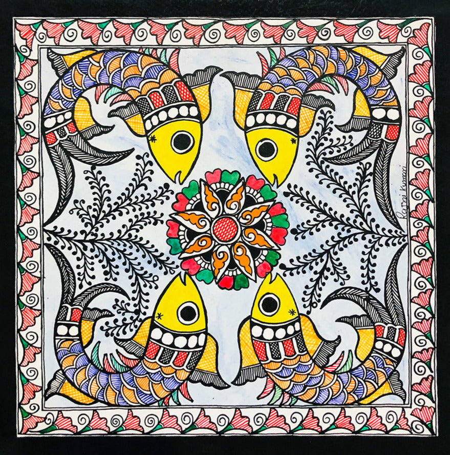 Quadrat symphony - Vibrant Tapestry, Madhubani Painting by Ambika Devi Thumbnail